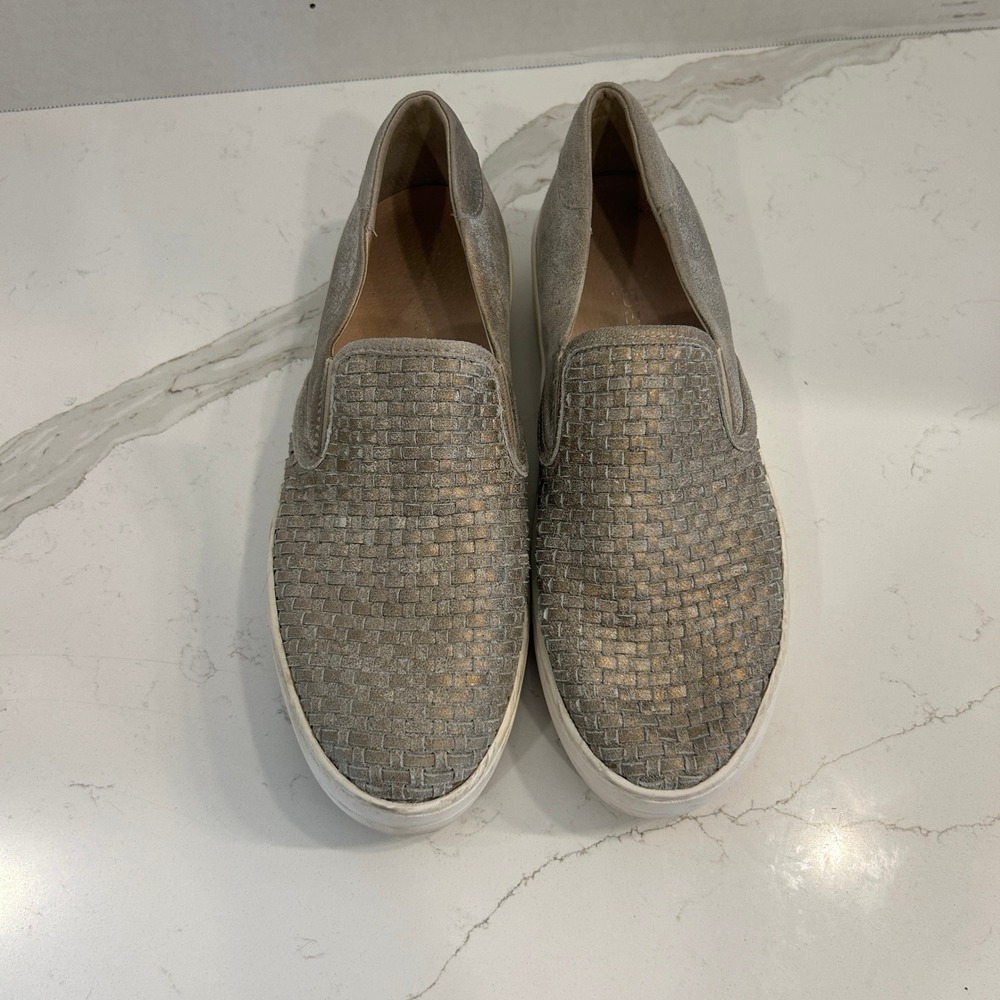 J Slides NYC Leather Slip On Womens 8 Champagne Metallic Woven Platform Sneakers